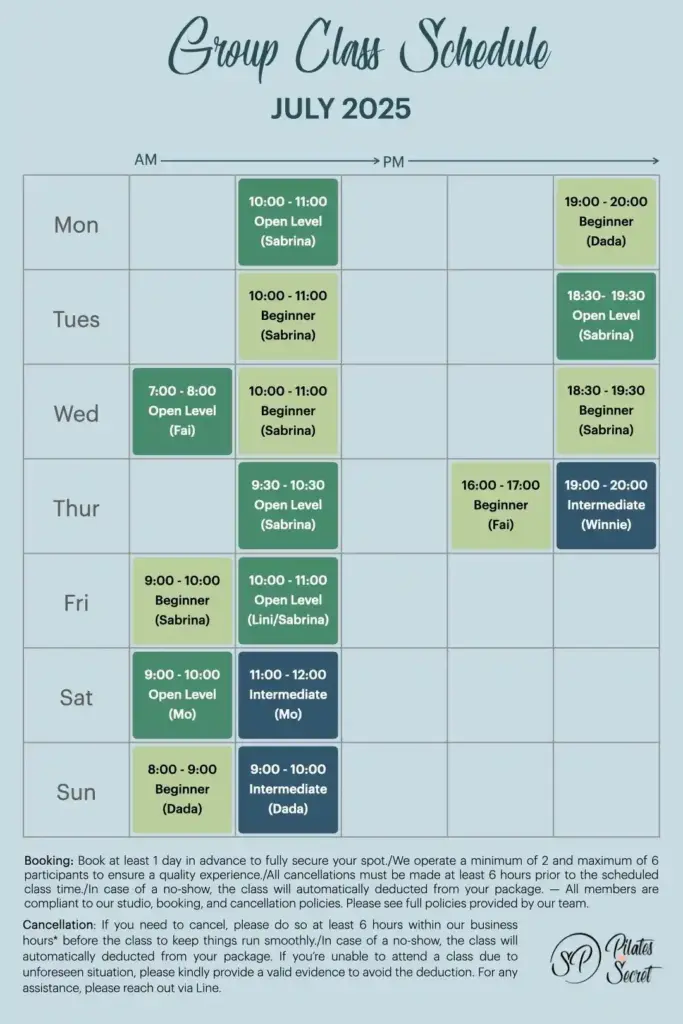 July Pilates Classes Schedule